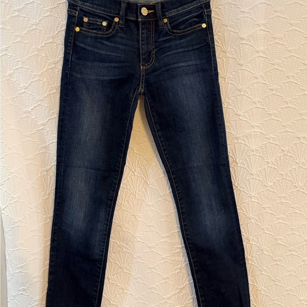 Tory Burch Dark Indigo Blue Skinny Jeans with Gold Hardware Size 23 NWOT